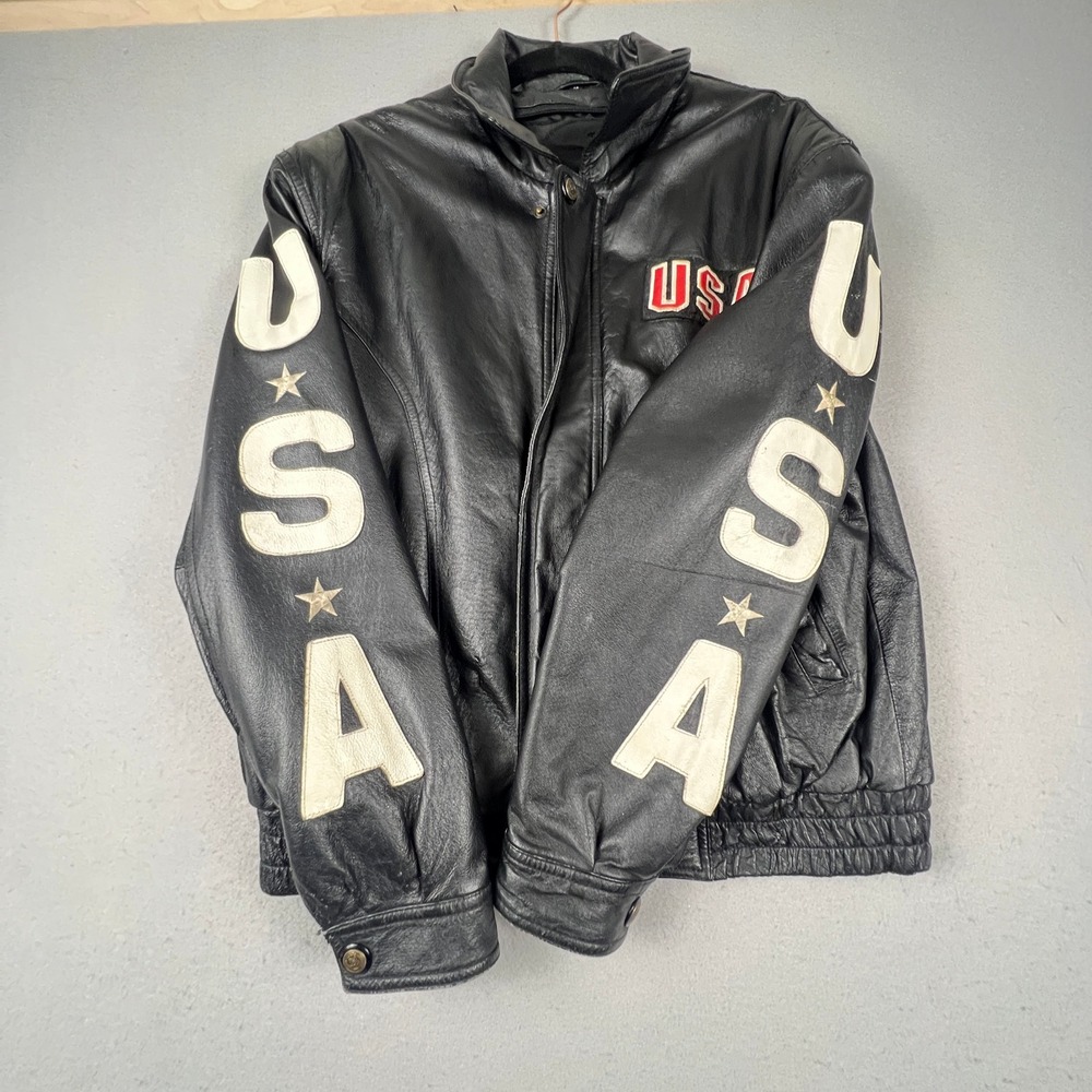 Leather Bomber Jacket Mens L Black USA Eagle Patriotic Biker Vintage Rocker - Picture 13 of 16